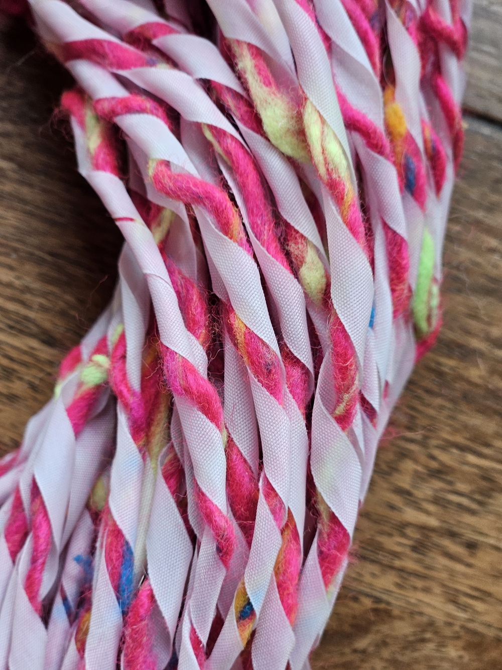 Handspun Pink Red Twisted Ribbon Yarn Skei